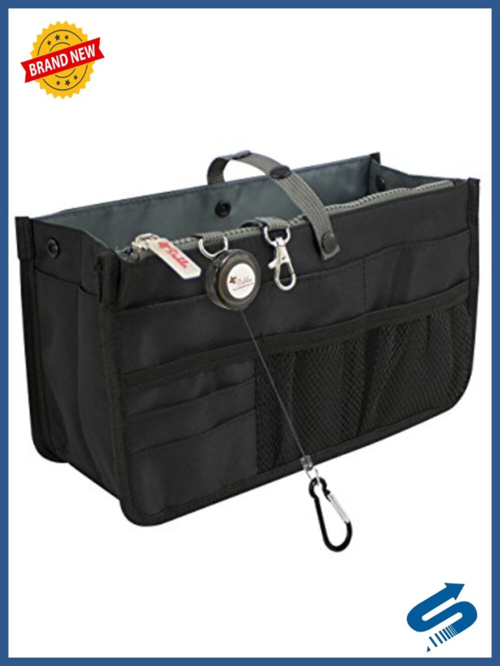 Handbag Organizer Insert with Retractable Keychain, 21 Pockets, Nylon Purse